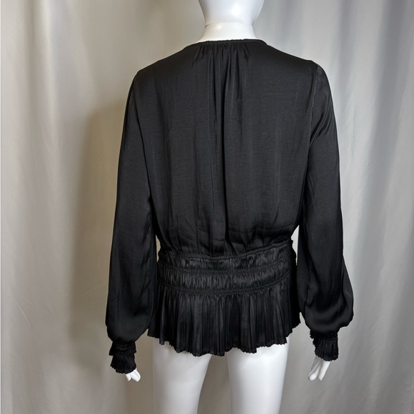 Philosophy Satin Pleated Smocked Blouse Size Large Black Long Balloon Sleeve Top - Picture 6 of 11